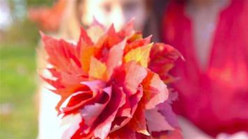 Portrait of adorable little girl with yellow leaves bouquet in fall video