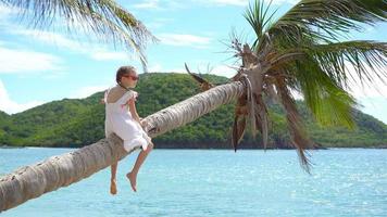 bambina alla spiaggia tropicale seduta su una palma e divertirsi molto. ragazzo in vacanza ai Caraibi nell'isola di antigua video