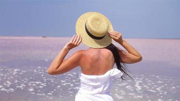 Woman in hat walk on a pink salt lake on a sunny summer day. video