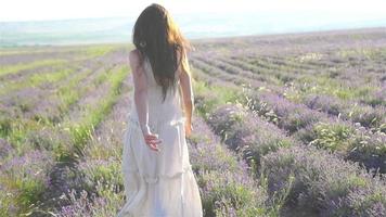 Frau im Lavendelblumenfeld bei Sonnenuntergang im weißen Kleid und im Hut video
