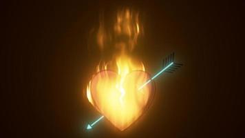 astratto ardente ardente nel un' fiamma amorevole cuore trafitto di Cupido freccia per San Valentino giorno su un' buio sfondo. video 4k, movimento design