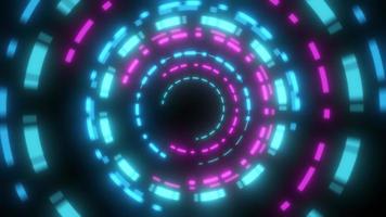 Abstract round swirling rings HUD elements blue and purple from flying particles glowing energy scientific futuristic hi-tech background. Video 4k