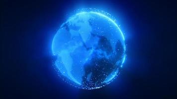 Abstract blue planet earth spinning with futuristic high-tech particles bright glowing magical energy, abstract background. Video 4k, motion design