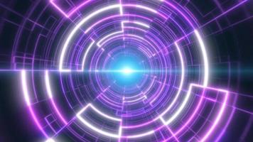 Abstract purple glowing neon laser tunnel futuristic hi-tech with energy lines, abstract background. Video 4k, motion design