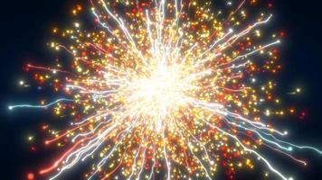 Abstract glowing energy explosion fiery whirlwind fireworks from lines and magic particles abstract background. Video 4k