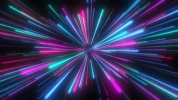 Abstract tunnel of multicolored blue purple glowing bright neon laser energy beams lines abstract background. Video 4k