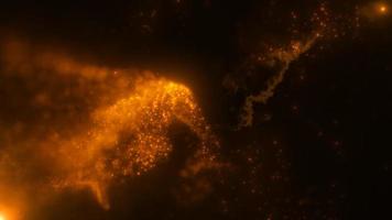 Abstract background of orange yellow fiery flying energy particles of energy magic waves with glow effect and bokeh blur. Video 4k, 60 fps