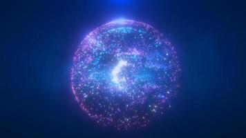astratto il giro blu e viola sfera fatto di volante particelle raggiante energia scientifico futuristico atomo molecola hi-tech sfondo. video 4k, movimento design