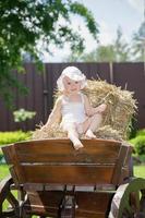 Beautiful little girl sitting on a carriage photo