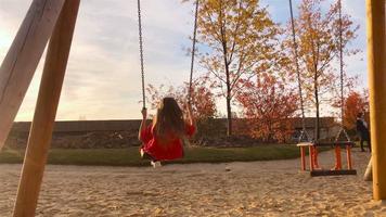 Adorable little girl having fun on the swing in autumn video