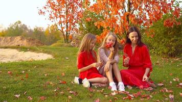 Little girl with mom outdoors in park at autumn day video