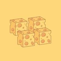 Cute cheese cartoon. Flat illustration of cube cheese icon on yellow background. Suitable for use in food product design, posters or brochures. vector