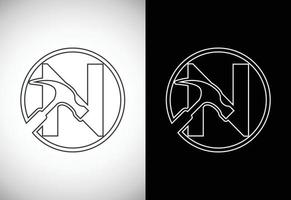 Initial N letter alphabet with a Hammer. Repair, renovation, and construction logo. Line art style logo vector