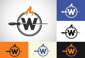 Initial W letter alphabet with a skewer and fire flame. Logo design for Barbecue, Seekh Kebab, etc. vector