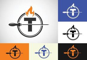 Initial T letter alphabet with a skewer and fire flame. Logo design for Barbecue, Seekh Kebab, etc. vector