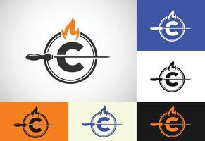 inicial C letra alfabeto con un brocheta y fuego fuego. logo diseño para parilla, seekh brocheta, etc. vector