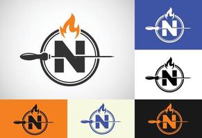 Initial N letter alphabet with a skewer and fire flame. Logo design for Barbecue, Seekh Kebab, etc. vector