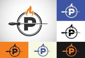 Initial P letter alphabet with a skewer and fire flame. Logo design for Barbecue, Seekh Kebab, etc. vector