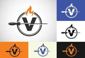 Initial V letter alphabet with a skewer and fire flame. Logo design for Barbecue, Seekh Kebab, etc. vector