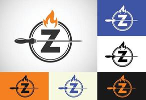 Initial Z letter alphabet with a skewer and fire flame. Logo design for Barbecue, Seekh Kebab, etc. vector