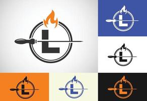 Initial L letter alphabet with a skewer and fire flame. Logo design for Barbecue, Seekh Kebab, etc. vector