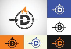 Initial D letter alphabet with a skewer and fire flame. Logo design for Barbecue, Seekh Kebab, etc. vector