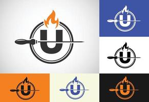 Initial U letter alphabet with a skewer and fire flame. Logo design for Barbecue, Seekh Kebab, etc. vector