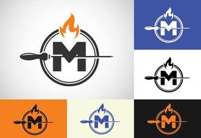 Initial M letter alphabet with a skewer and fire flame. Logo design for Barbecue, Seekh Kebab, etc. vector