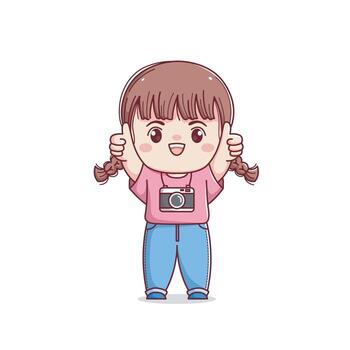 Cute photographer girl with thumbs up kawaii chibi vector