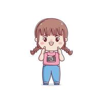 Cute photographer girl with thumbs up kawaii chibi character vector