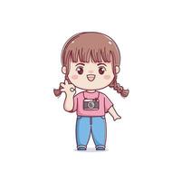 Cute photographer girl with ok sign chibi kawaii vector