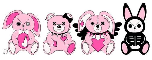 2000 emo niña kawaii conejito y osito de peluche oso pegatina colocar. y2k, 90s glamour estético dibujos animados personaje vector