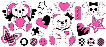 2000s emo girl kawaii sticker set. Y2K, 90s glamour aestetic in bright pink and black colors vector