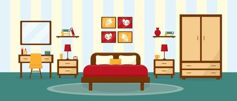 Bedroom interior in flat style. Cozy room with furniture. Vector illustration.