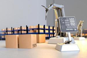 Arm Robot AI manufacture Box product Object for manufacturing industry technology Product export and import of future For Products, food, cosmetics, apparel warehouse mechanical future technology photo