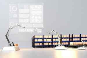 Arm Robot AI manufacture Box product Object for manufacturing industry technology Product export and import of future For Products, food, cosmetics, apparel warehouse mechanical future technology photo