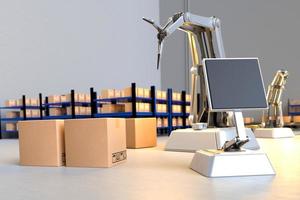 Arm Robot AI manufacture Box product Object for manufacturing industry technology Product export and import of future For Products, food, cosmetics, apparel warehouse mechanical future technology photo