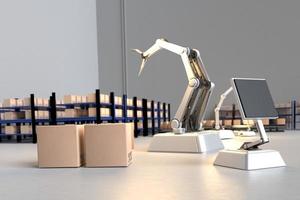 Arm Robot AI manufacture Box product Object for manufacturing industry technology Product export and import of future For Products, food, cosmetics, apparel warehouse mechanical future technology photo