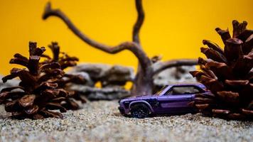 Minahasa, Indonesia  saturday, December 2022, a toy car among the pinecones photo