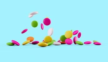 Colorful chocolate candies, 3d Rainbow candy beans on blue background, 3d illustration photo