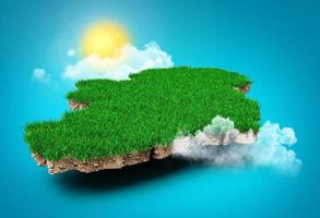 Ireland Map, Realistic 3D Map of 000 Clouds Tree sun rays on bright blue Sky 3d illustration photo