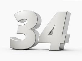 Silver 3d numbers 34 thirty four. Isolated white background 3d illustration photo