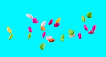 3d Colorful Heart Shape Candies 3d Rainbow Sugar Candies Falling On Cyan Background, 3d illustration photo