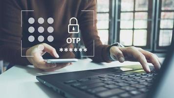 Verification of information with finger print by smart phone, Internet security, online financial transaction, 2-step verification, confirm transaction and identity. photo