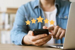 Customer Satisfaction Survey concept, 5-star satisfaction, service experience rating online application, customer evaluation product service quality, satisfaction feedback review, good quality most. photo