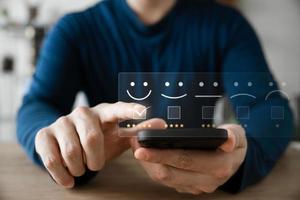 Customer Satisfaction Survey Concept, Users Rate Service Experiences On Online Application, Customers Can Evaluate Quality Of Service Leading To Business Reputation Rating. photo