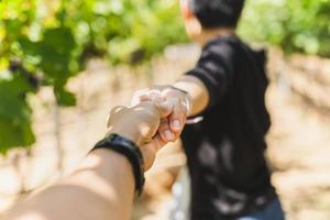 Shallow focus of couple holding hands in vineyard in blur background. photo