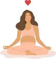 A pregnant woman meditates in the lotus position and practices yoga. The concept of yoga, meditation, relaxation, health, pregnancy, motherhood. Breathing exercises and health care. Flat vector