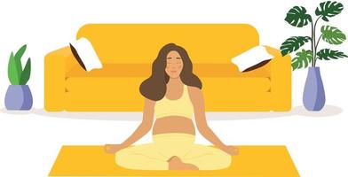 A pregnant woman meditates in the lotus position and practices yoga. The concept of yoga, meditation, relaxation, health, pregnancy, motherhood. Breathing exercises and health care. Flat vector
