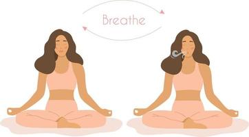 un mujer se sienta en el loto posición lo hace respiración ejercicios para bueno relajación. respirar en y Vamos fuera a descansar. profundo respiración método y meditación. el concepto de salud y bienestar.saludable yoga vector